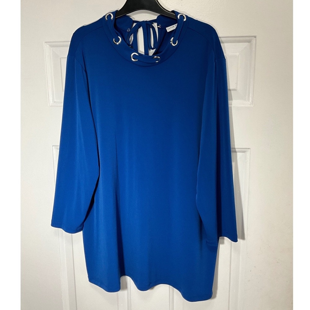 Susan Graver Royal Blue Liquid Knit Grommet Neck Tie Back Tunic Top XL